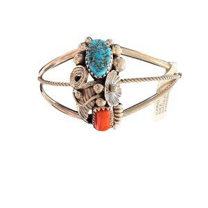 NWT Native American Sterling Silver Turquoise Coral Cuff Statement Bracelet gift